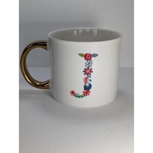 Opalhouse Floral Letter J Mug White Porcelain Gold Handle Monogram Coffee Cup